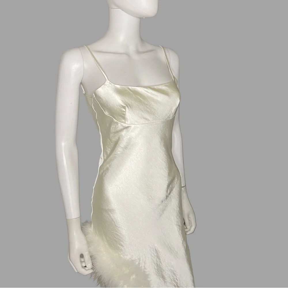 Cream Asymmetrical Satin‎ Spaghetti Strap Dress with Faux Fur Detail